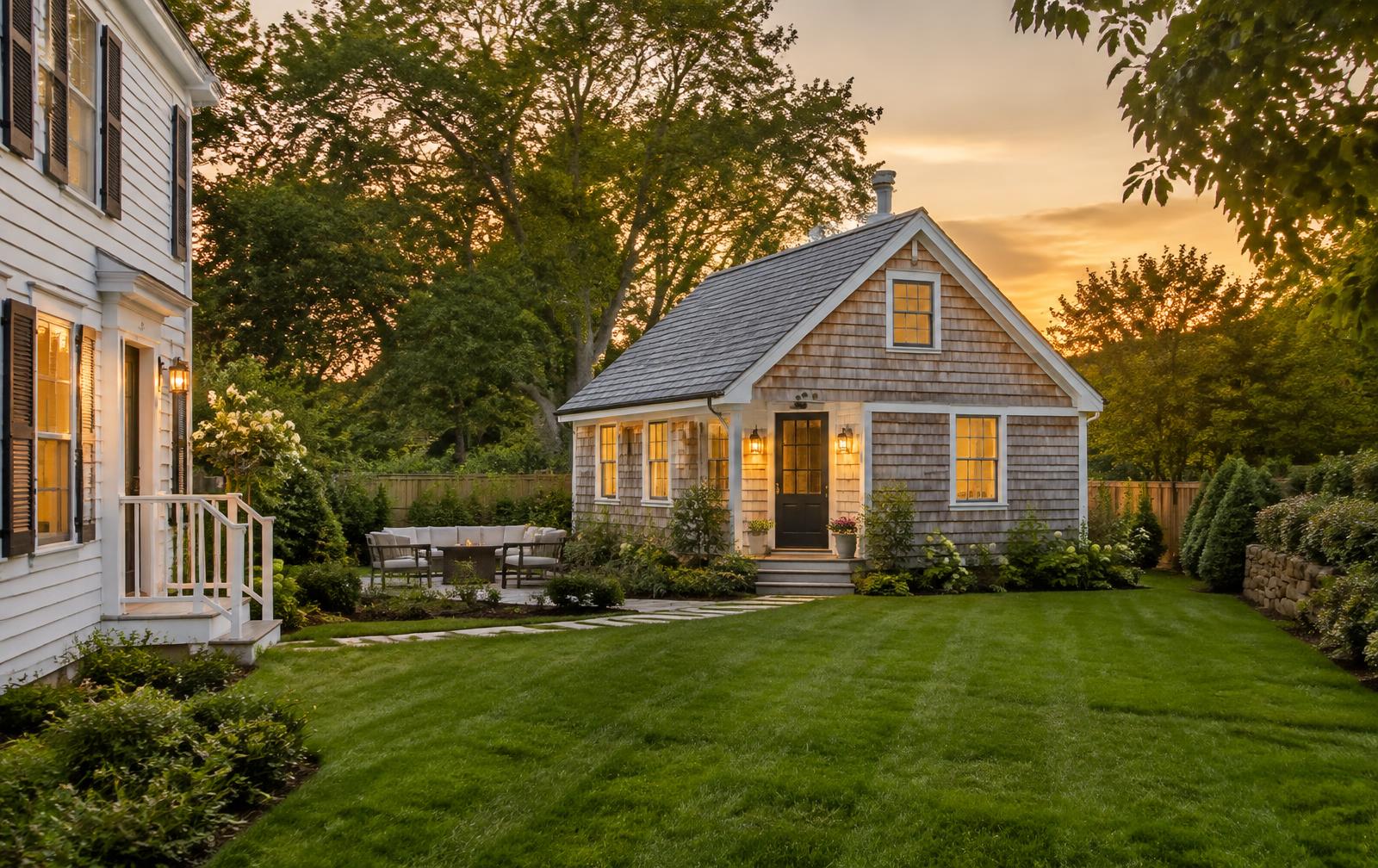 Cedar-shingle backyard cottage behind a Rhode Island home at sunset